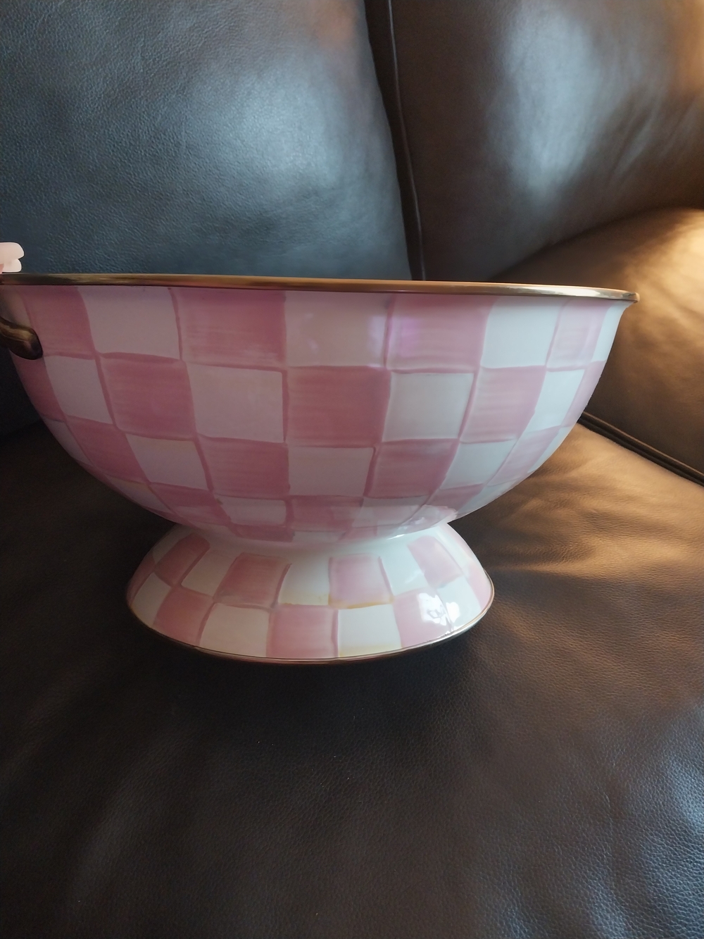 MacKenzie-Childs Pink and White Check Pedestal Bowl with Gold Rim